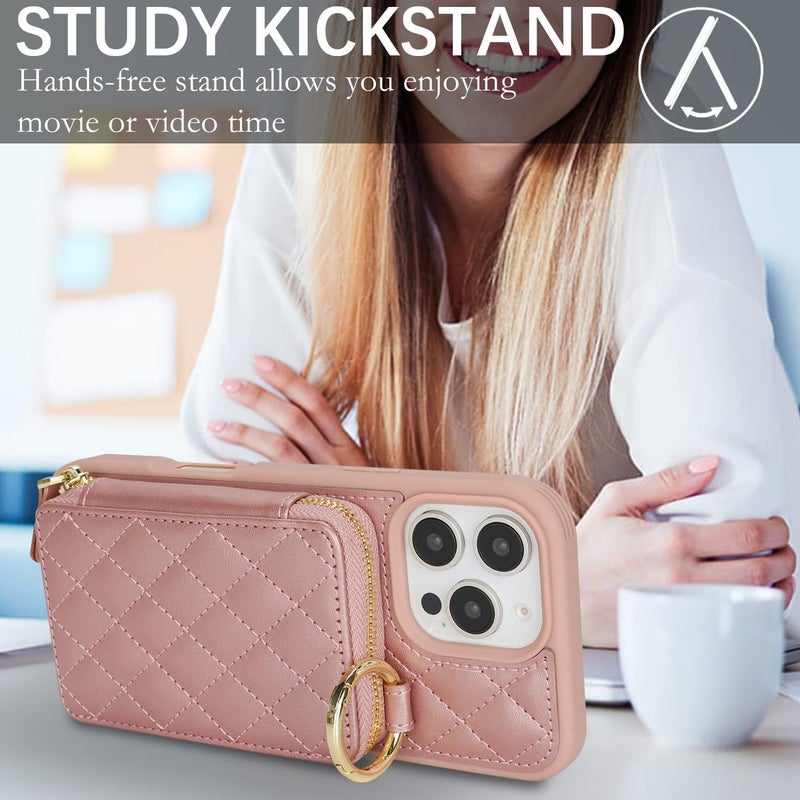 Hamany Crossbody Wallet Case for iPhone 16 Pro Max, PU Leather Zipper Handbag Purse Flip Cover, Kickstand Folio Case with Card Slots Holder Wrist Strap Lanyard 5G 6.9 Inch-Rose Gold - Image 4